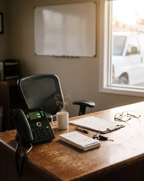 The desk of a heating and air conditioning office on a busy morning: a desk phone with several lines lit, a coffee mug and the day’s work orders
