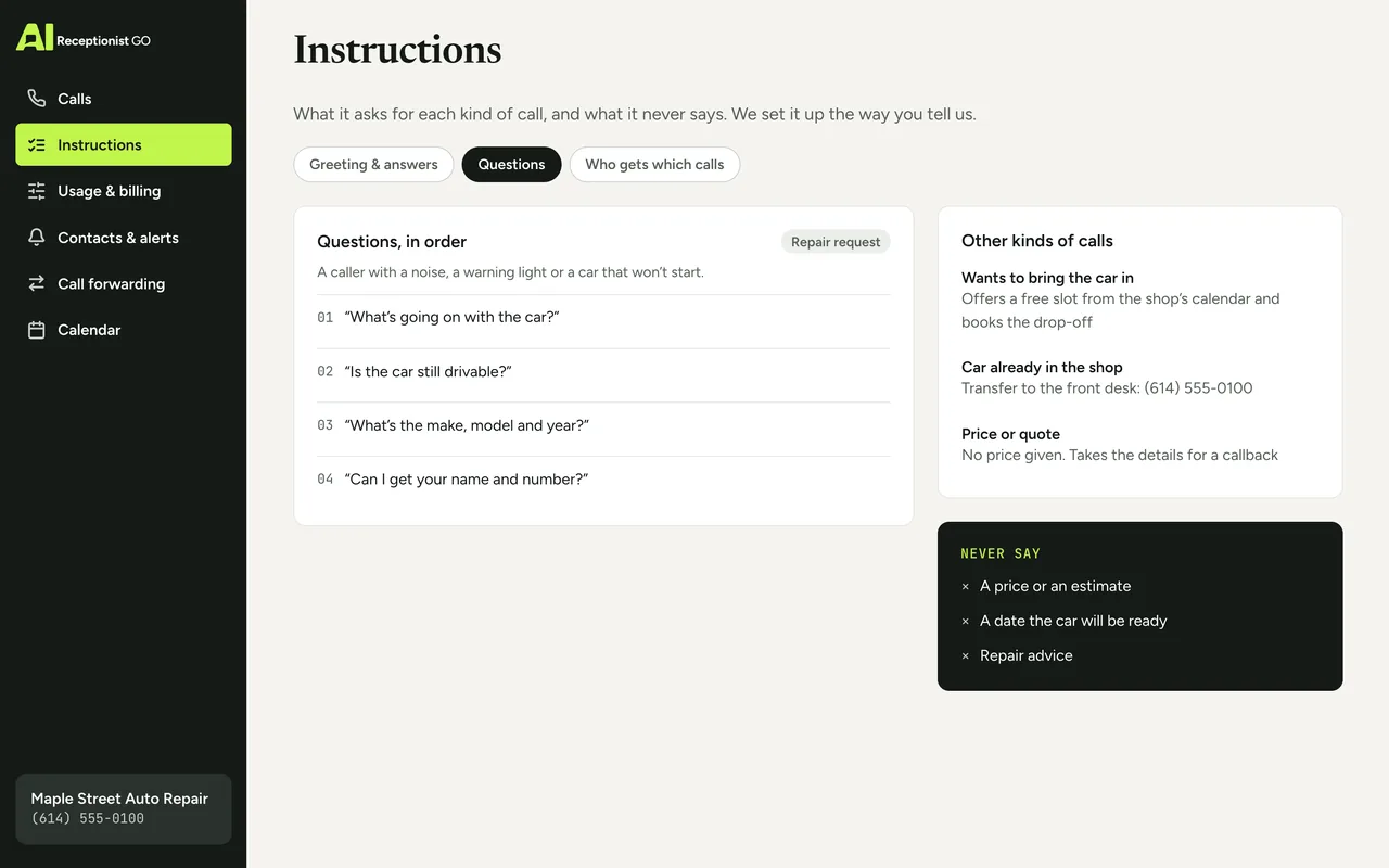 Dashboard screen with Maple Street Auto Repair’s questions for a repair request, in order, how other kinds of calls are handled (booking a drop-off in the shop’s calendar, transferring a call to the front desk), and what it never says: a price, a date the car will be ready or repair advice