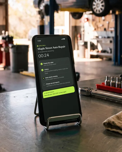 A phone showing a call in progress at Maple Street Auto Repair, answered by the AI receptionist, with its four steps marked: greets, listens, asks what’s missing and reports