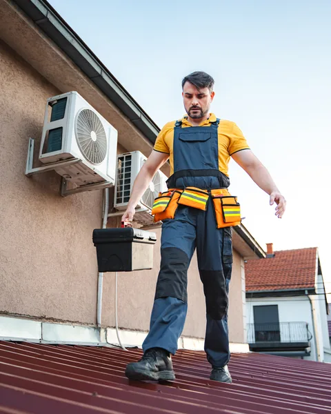 An HVAC technician walking across a metal roof with his toolbox, past the air conditioning units on the wall