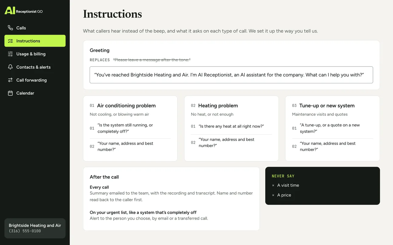 Dashboard screen for Brightside Heating and Air: the greeting callers hear (the business name and the introduction as an AI assistant) and the questions asked for each type of call in place of "leave a message after the tone"
