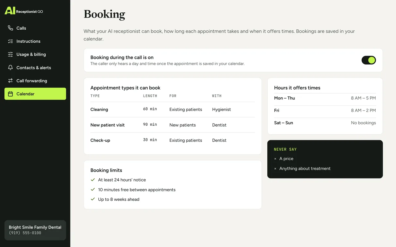 Dashboard screen with Bright Smile Family Dental’s booking settings: booking switched on, the appointment types it can book with their length, and the hours when it offers free slots