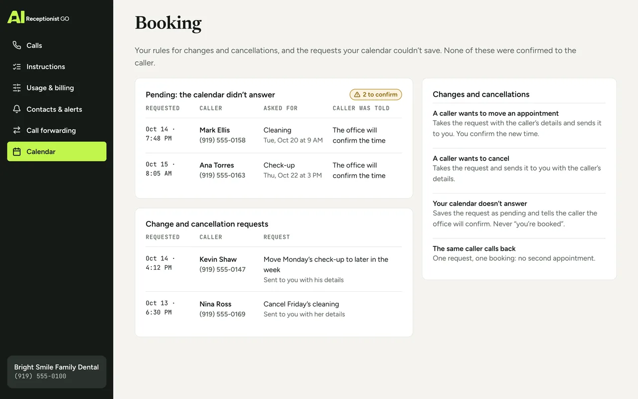Dashboard screen with the rules for changes and cancellations and the list of appointments left pending because the calendar didn’t answer