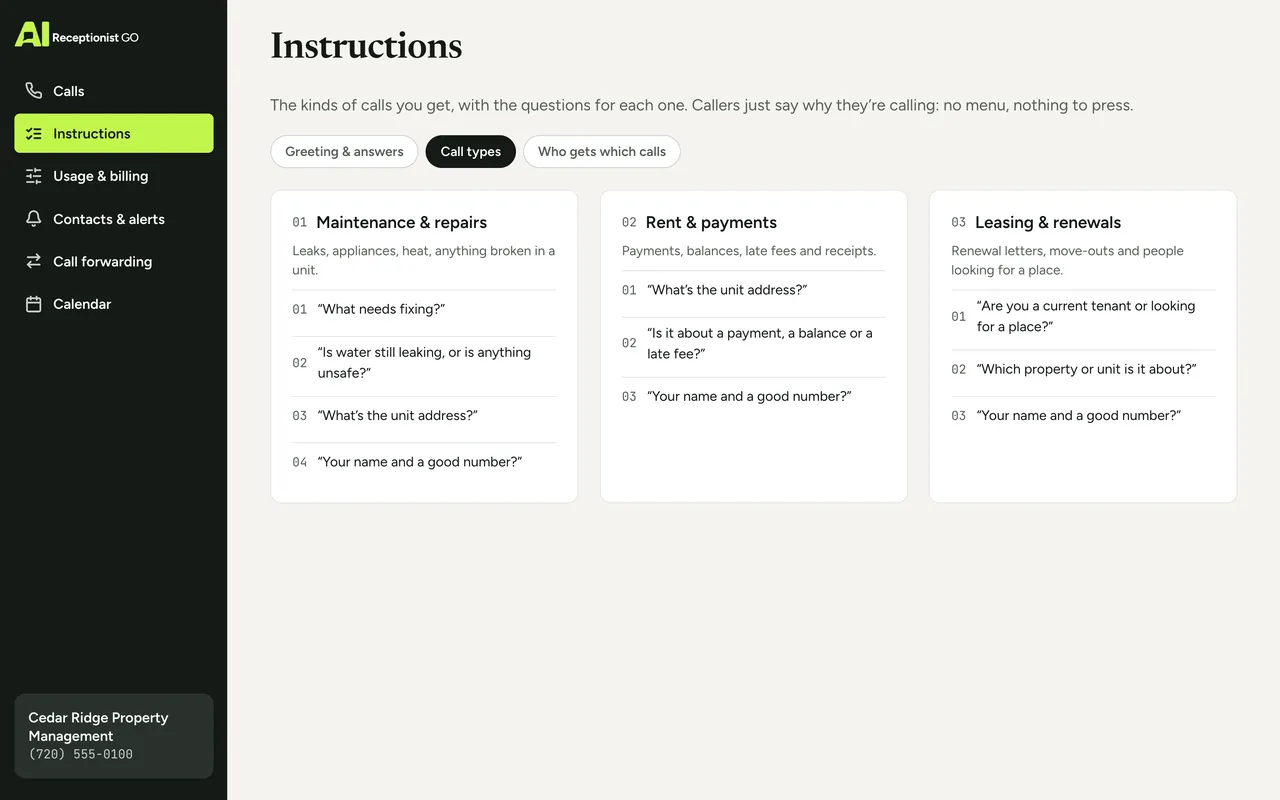 Dashboard screen with Cedar Ridge Property Management’s call types instead of menu options (maintenance and repairs, rent and payments, leasing and renewals), each with its own questions