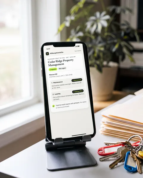 A phone showing the summary of a tenant’s call with two requests, a repair and a lease question, each sent to its own team