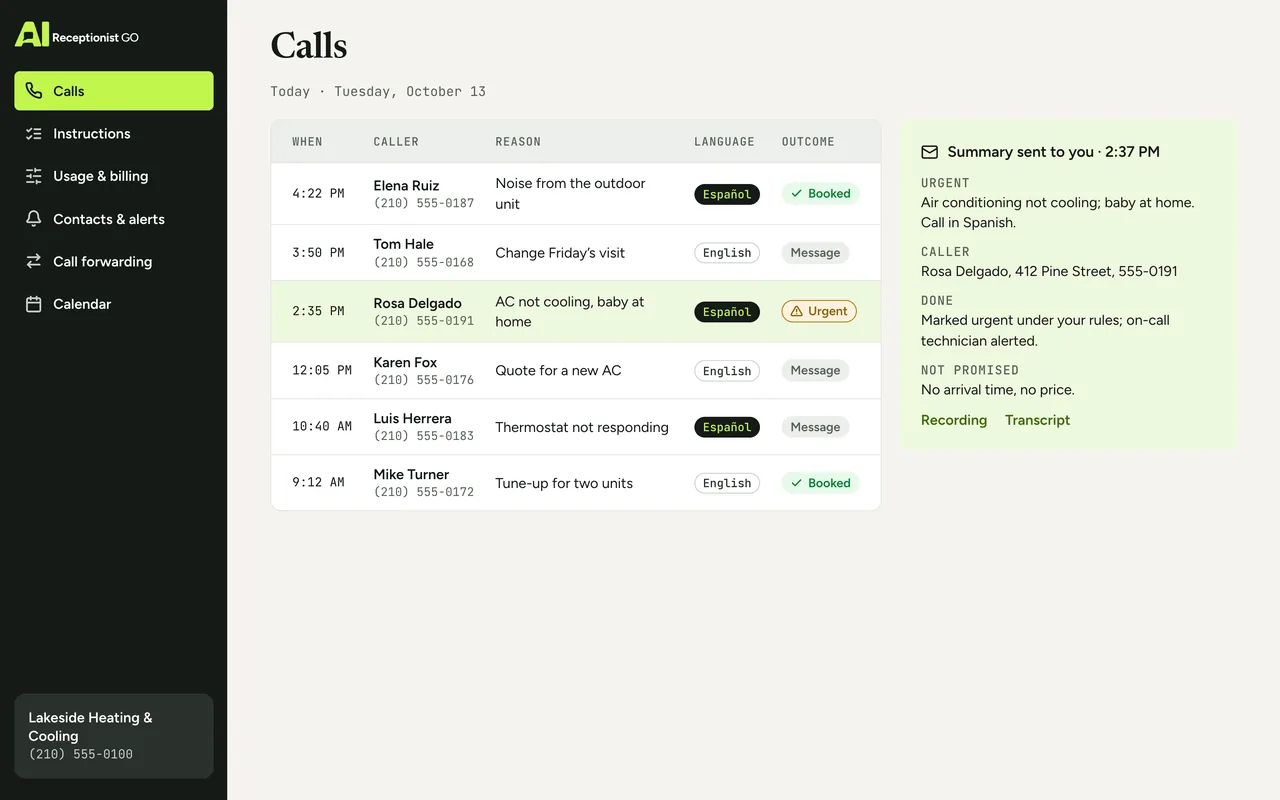 Dashboard screen with the day’s calls, a language column (English or Español) and the summary of a call in Spanish opened