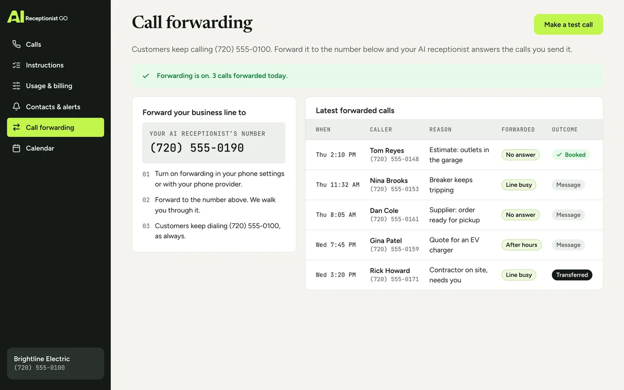 Dashboard screen with Brightline Electric’s call forwarding: the number to forward the business line to and the latest forwarded calls in the call log