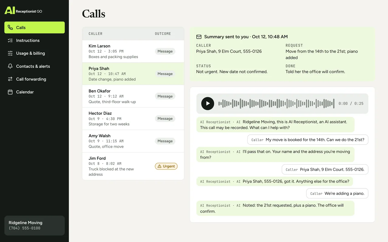 Dashboard screen with the call log and one call open: the recording player, the full transcript and the summary at the top