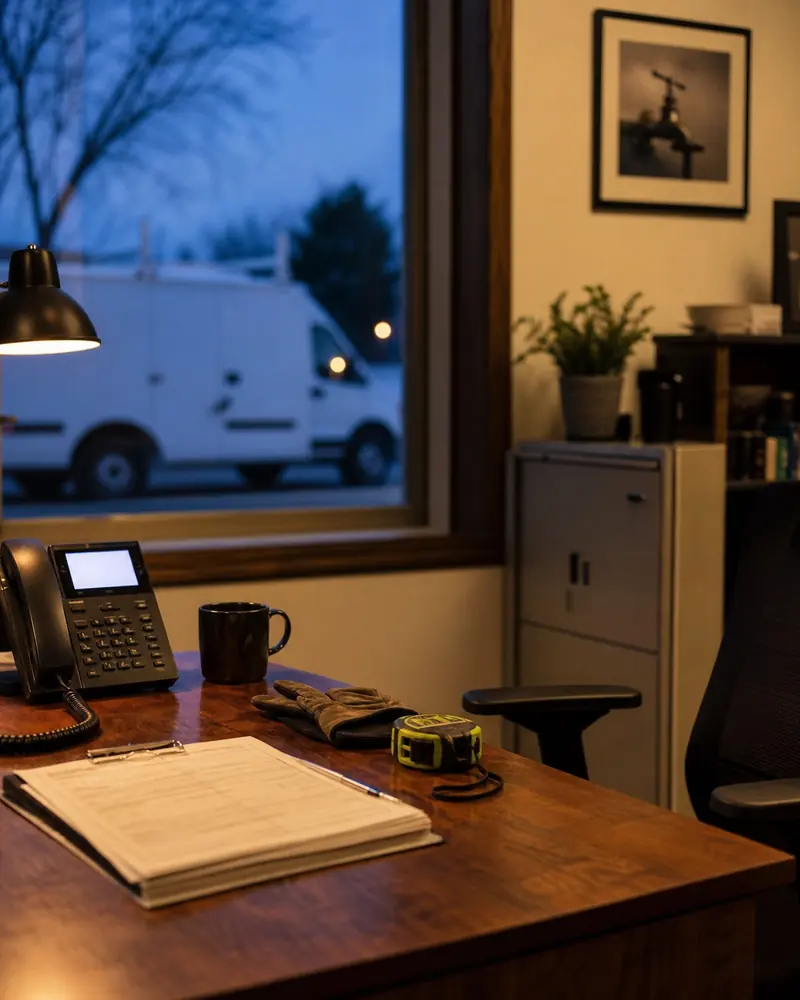 A small plumbing company office after closing: an empty desk with a lit desk phone, a clipboard and work gloves, and a service van outside the window.