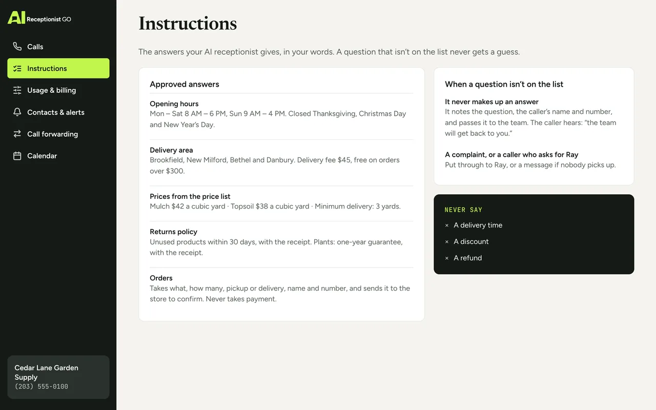 Dashboard screen with Cedar Lane Garden Supply’s approved answers (opening hours, delivery area, prices from the price list, returns policy) and the rule for what to do when a question isn’t on the list