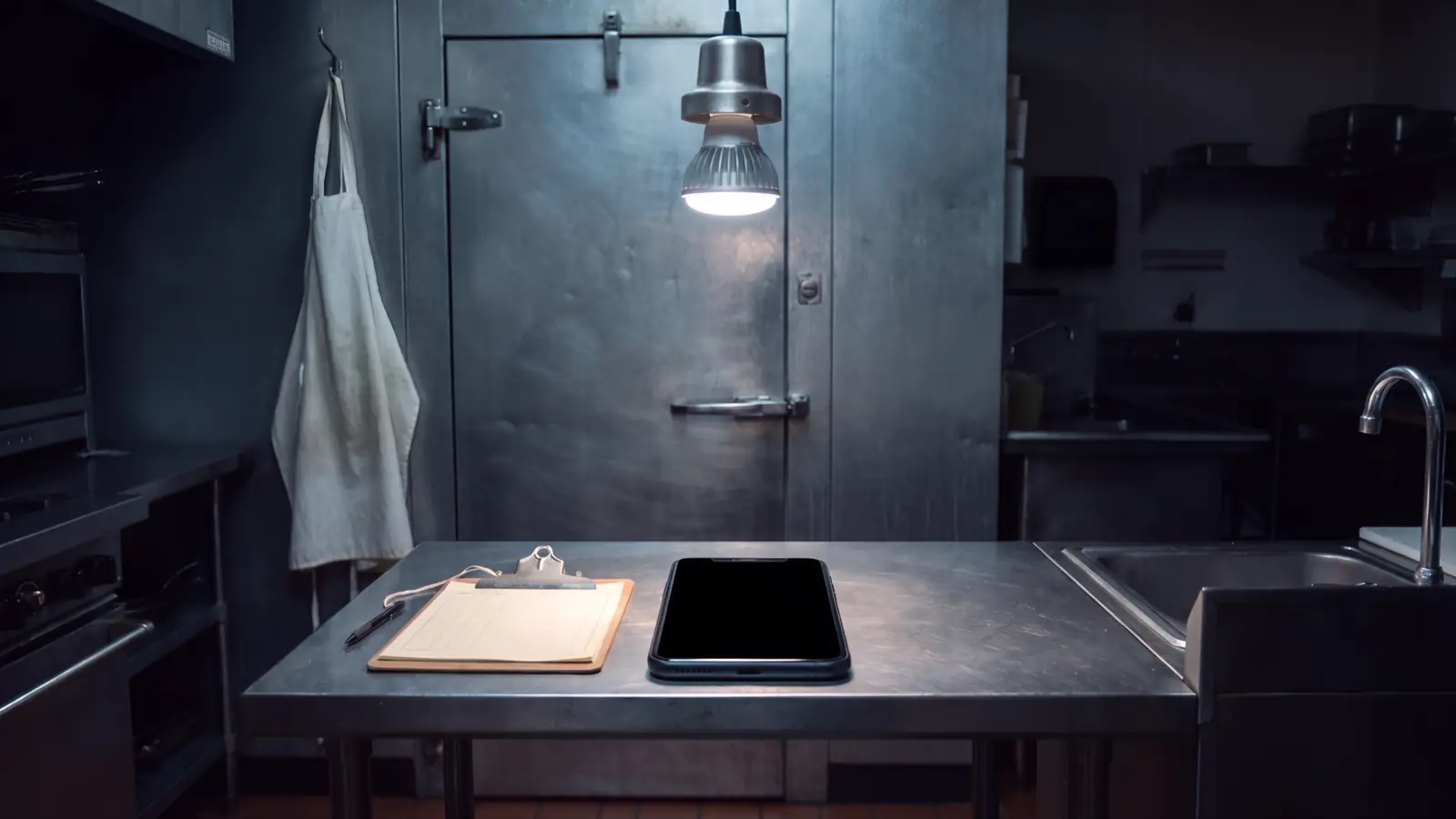 A closed restaurant kitchen at night, lit by a single lamp over the walk-in cooler door, with a phone and a clipboard on the steel counter