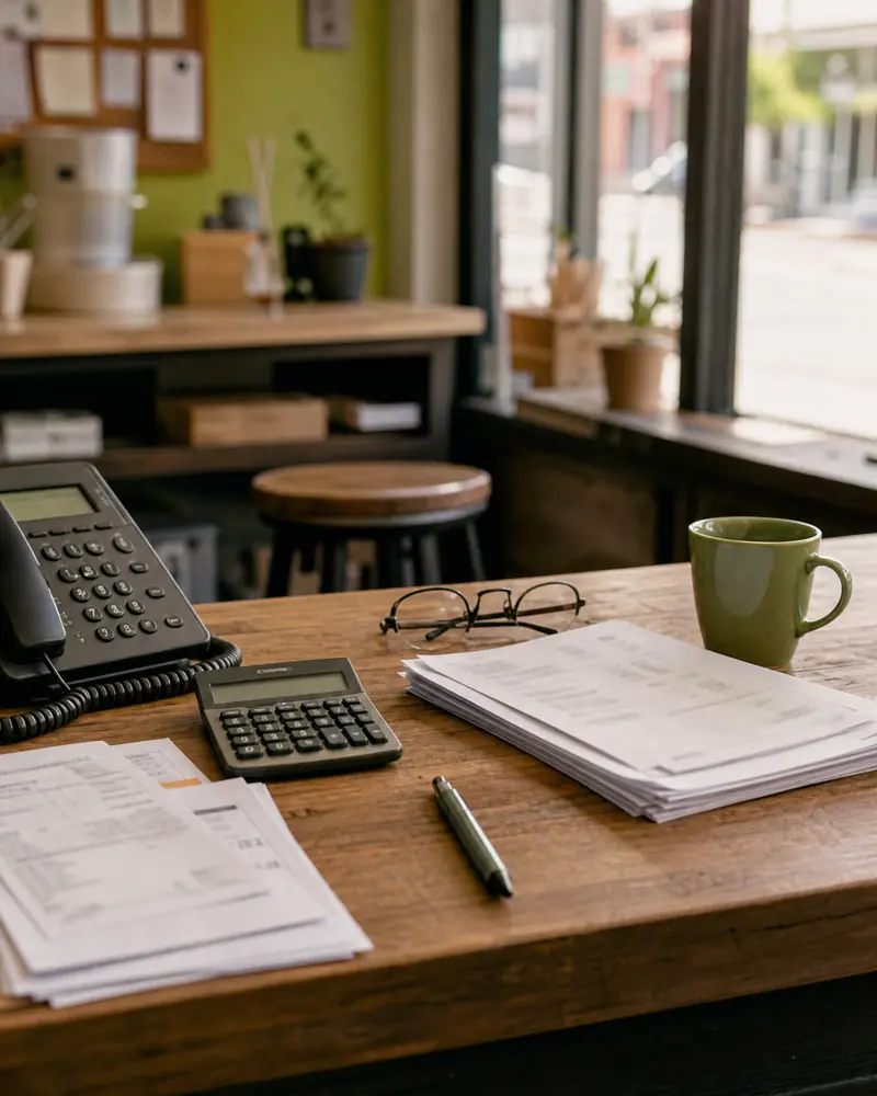 A shop counter with a desk phone, a calculator and a stack of monthly invoices, and an empty stool behind it.
