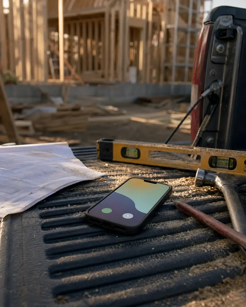A smartphone ringing on the tailgate of a pickup at a job site, next to a level and a hammer, with nobody there to answer it.