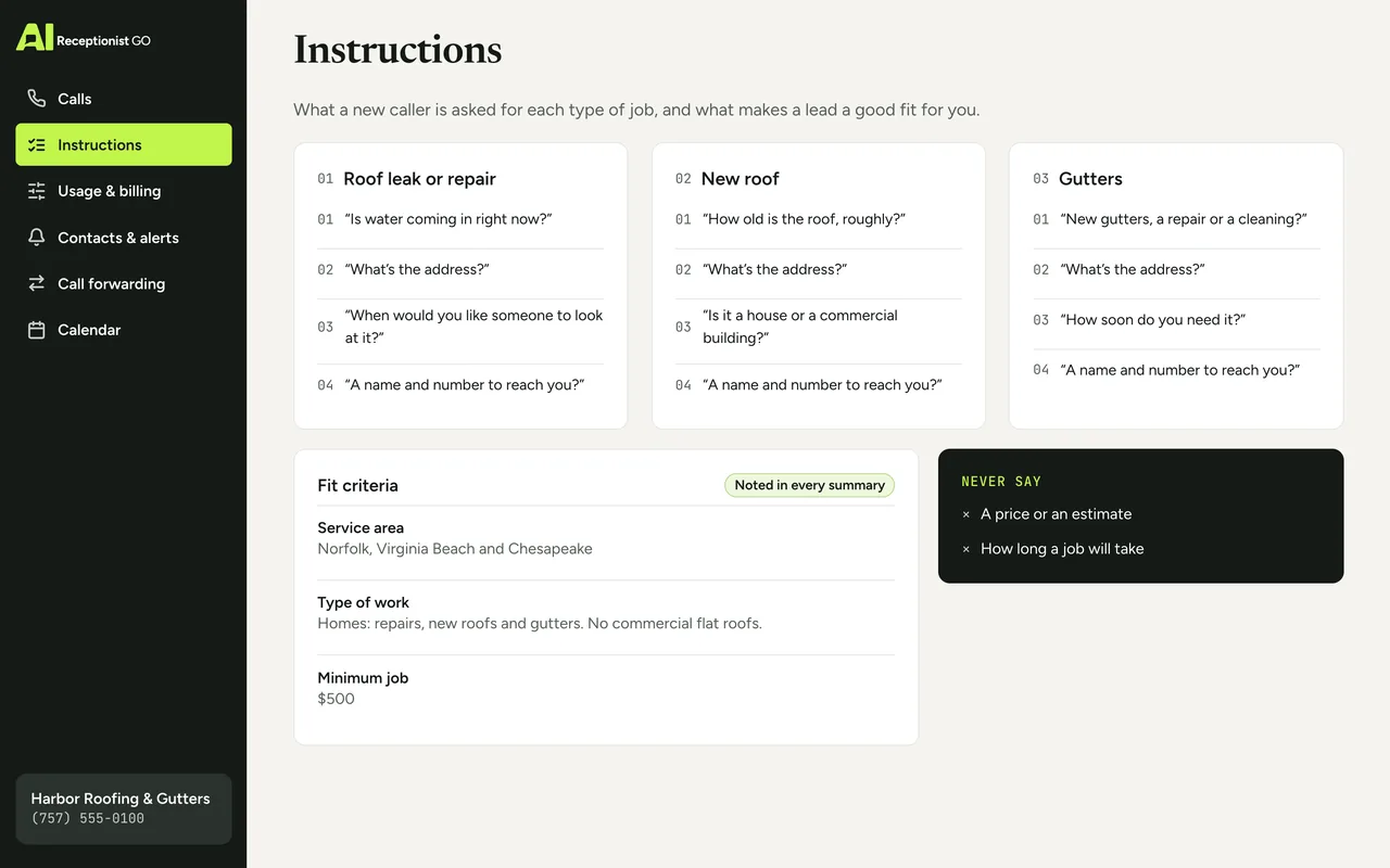 Dashboard screen with Harbor Roofing & Gutters’ instructions: the intake questions for each type of job and the owner’s fit criteria (service area, type of work and minimum job)