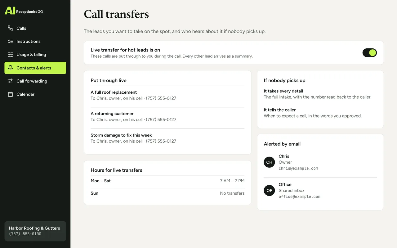 Dashboard screen with the live transfer rule for the leads the owner wants to take on the spot, and who is alerted by email if nobody picks up