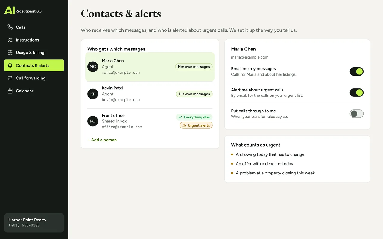 Dashboard screen with the contacts and email alerts: who receives which messages and who is alerted about urgent calls