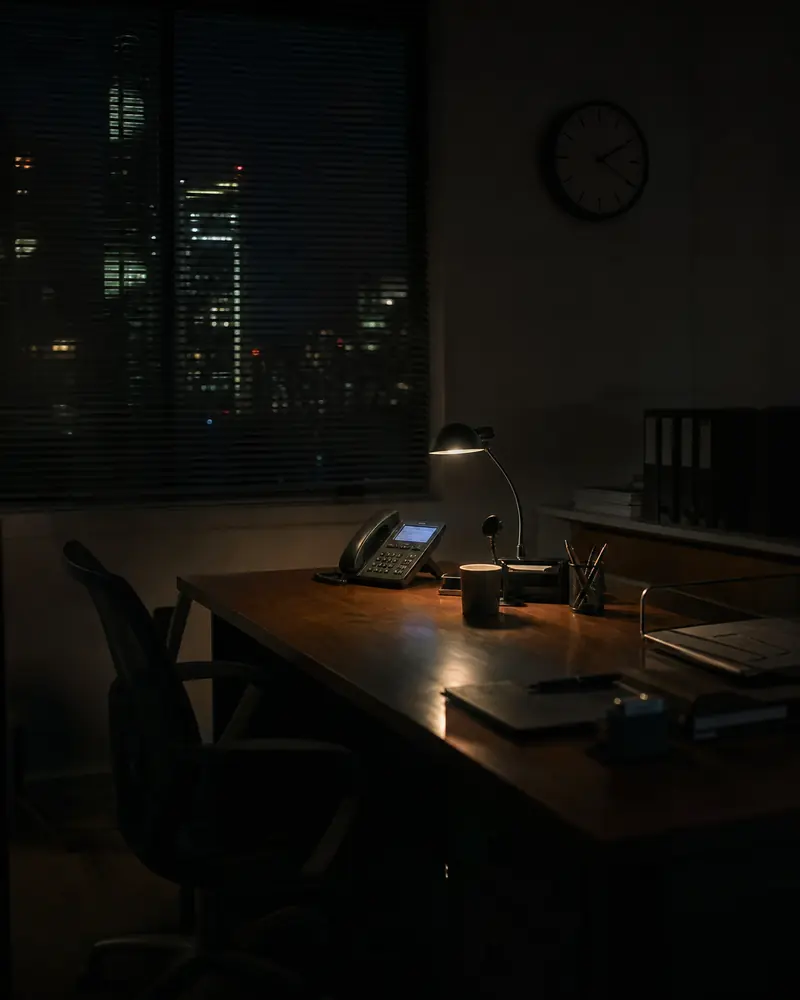 A small office at night with one desk lamp on and the desk phone’s screen glowing.