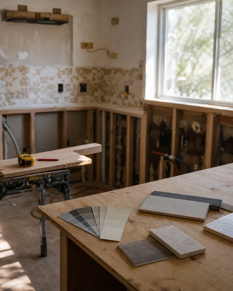 A kitchen in the middle of a remodel, with tile samples and a paint fan on a plywood counter.