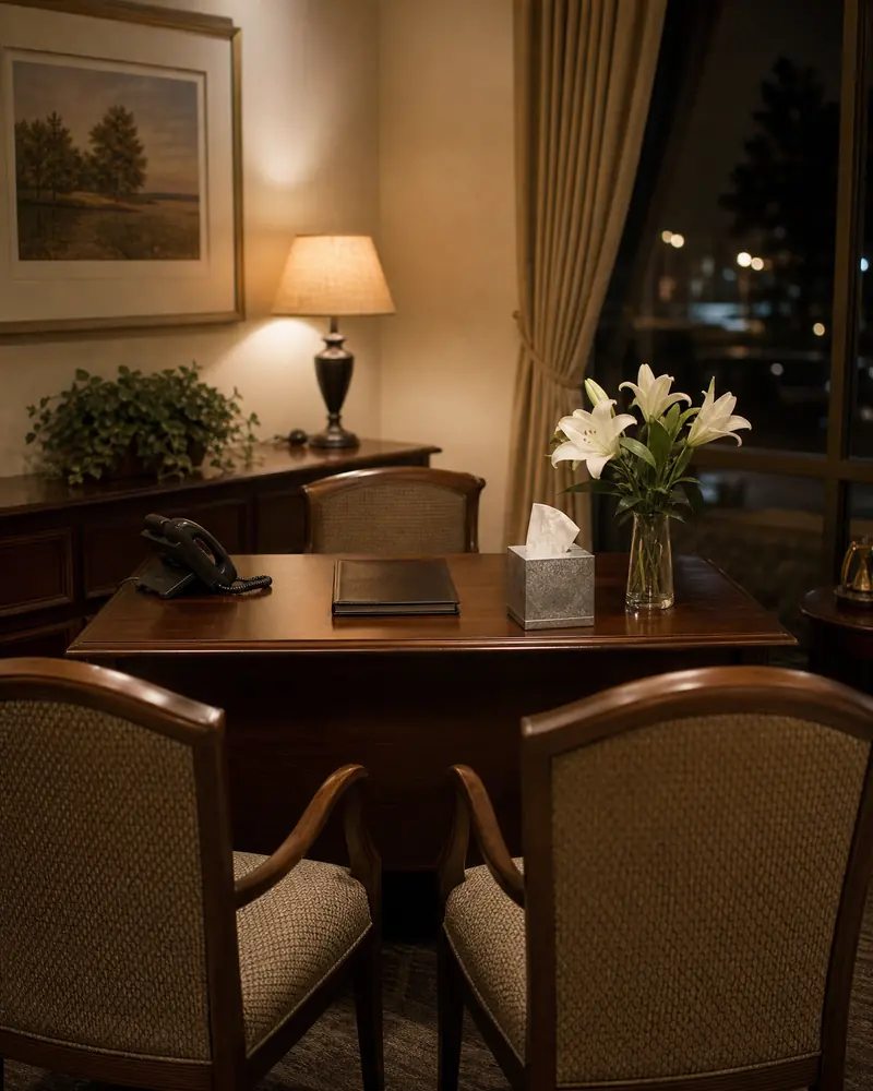 A quiet funeral home office at night: a desk with a phone, white lilies and two empty chairs.