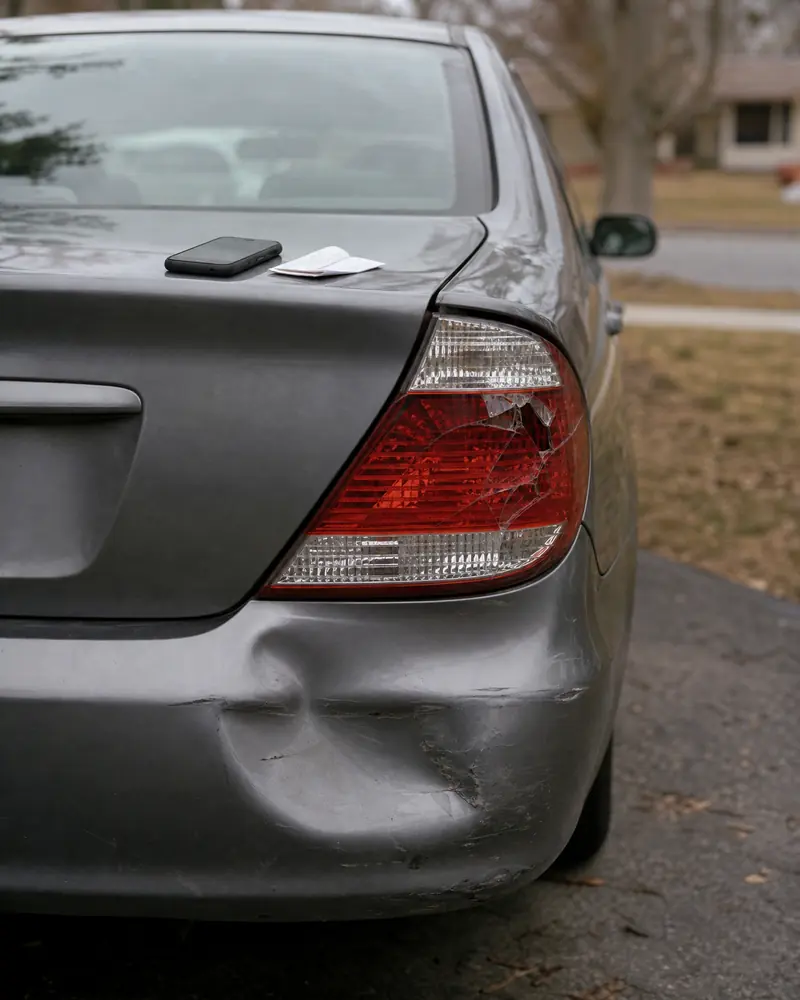 A gray car in a driveway with a dented rear bumper and a phone resting on the trunk.