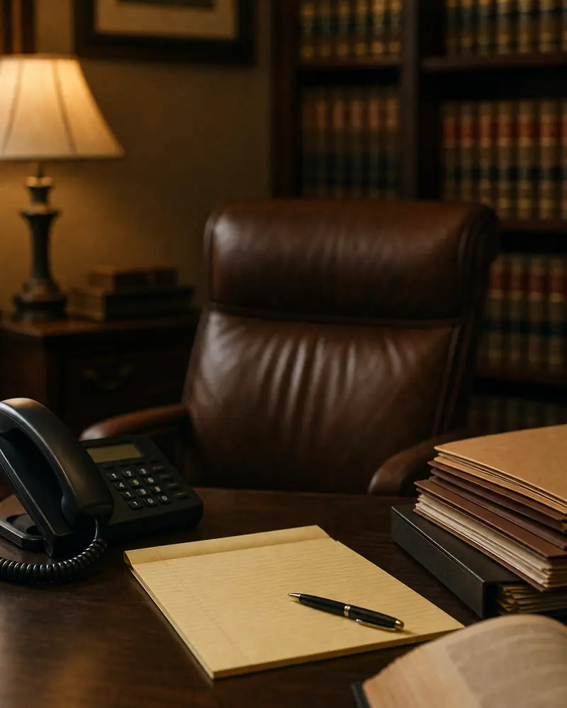 A small law office in the evening: a desk phone, a yellow legal pad and an empty leather chair.