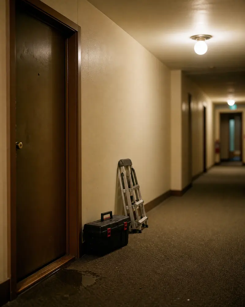 An apartment hallway with a maintenance toolbox and a folded ladder next to a closed door.