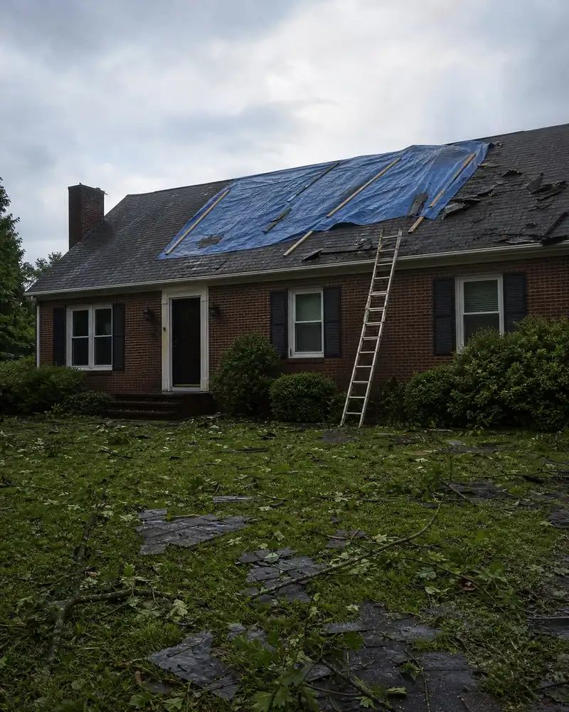 A house the morning after a storm, with a blue tarp over damaged shingles and a ladder against the gutter.
