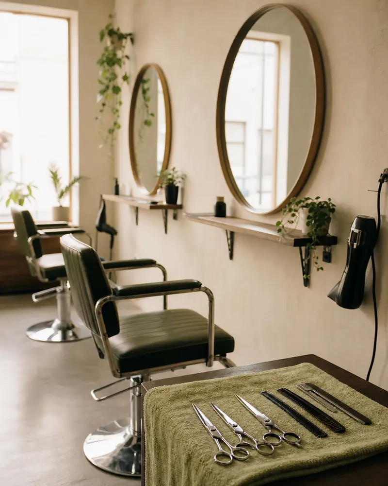 An empty hair salon before opening: two styling chairs and scissors laid out on a towel.