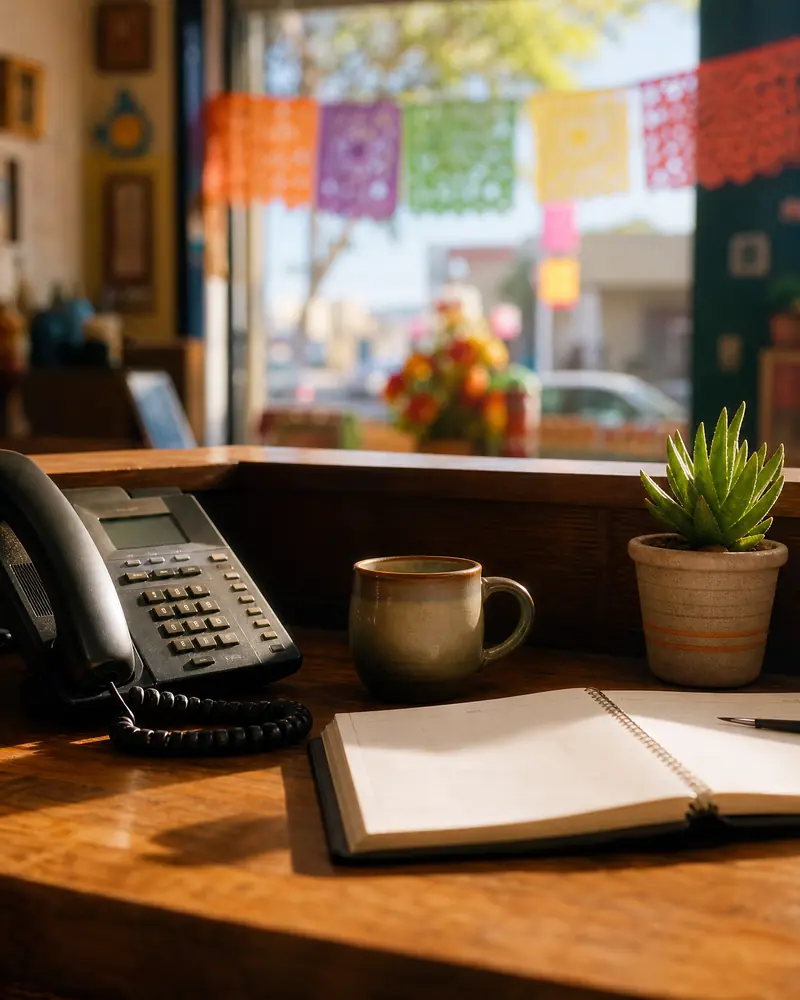 A neighborhood business counter with a desk phone, an open appointment book and papel picado in the window.