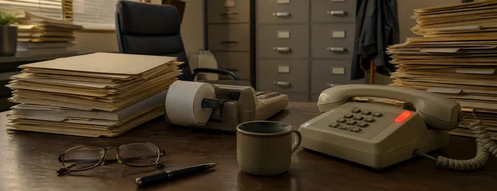 An empty desk in a small tax office in tax season: stacks of folders, an adding machine and a coffee mug beside a desk phone with its red line light on.