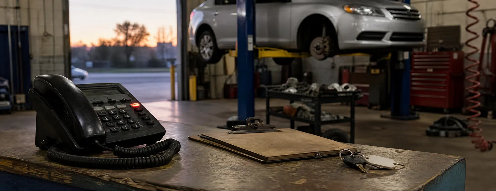 The service counter of an auto repair shop at closing time: a desk phone with its line light on, a clipboard and keys, and a sedan on a lift with a wheel off behind.
