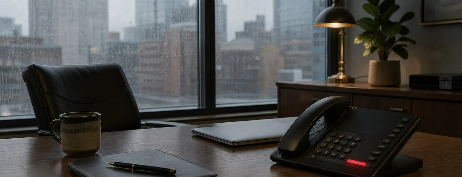 A financial advisor's office on a rainy afternoon: an empty leather chair, a closed laptop and a desk phone with its red line light on, the city blurred behind wet glass.