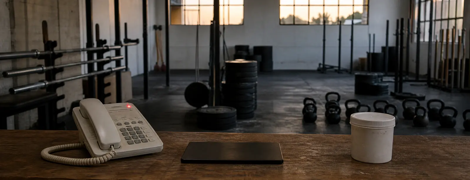 The front desk of an empty strength gym in the early evening: a desk phone with its line light on, with barbells, plates and kettlebells on the floor behind.