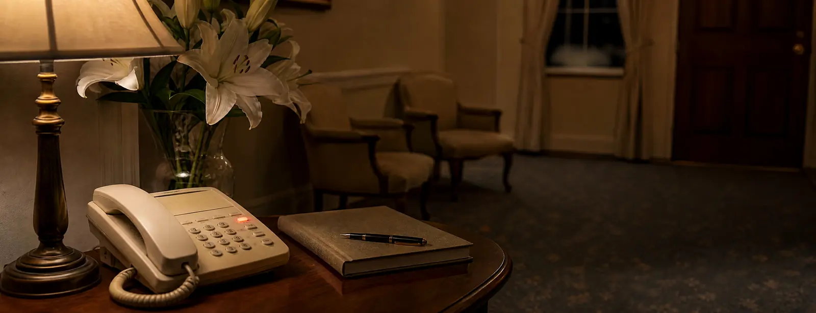 The quiet entrance hall of a small funeral home at night: a desk phone with its line light on beside a closed guest book, white lilies and a lamp.