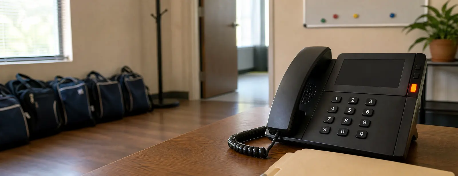 Small home health agency office: a desk phone with its line light on beside a closed folder, nurse bags lined up by the door and a planning board with colored magnets.