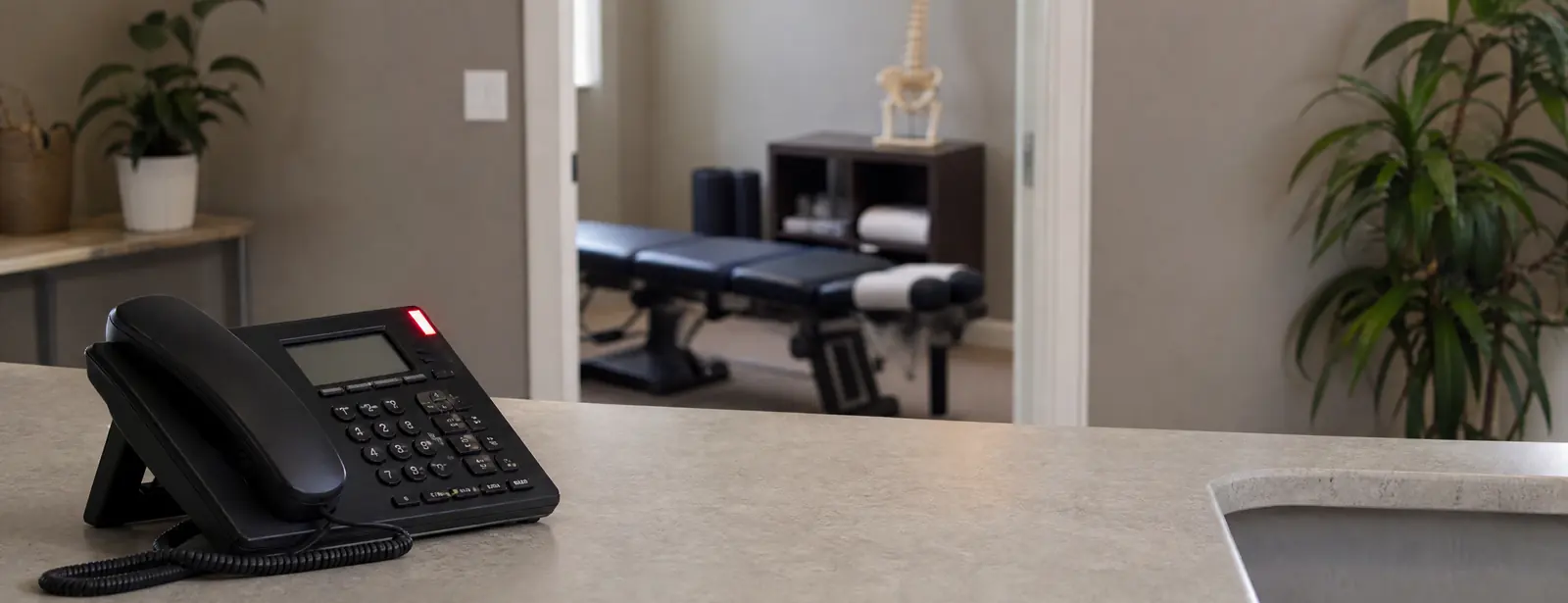 Chiropractic clinic front desk in daylight: a desk phone with its line light on, and an empty adjusting table and a spine model through the doorway.