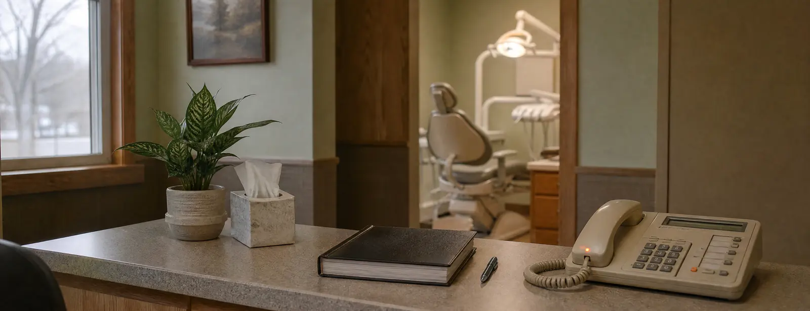 Empty front desk of a small dental practice: a desk phone with its line light on beside a closed appointment book, and a treatment room with the light on behind.