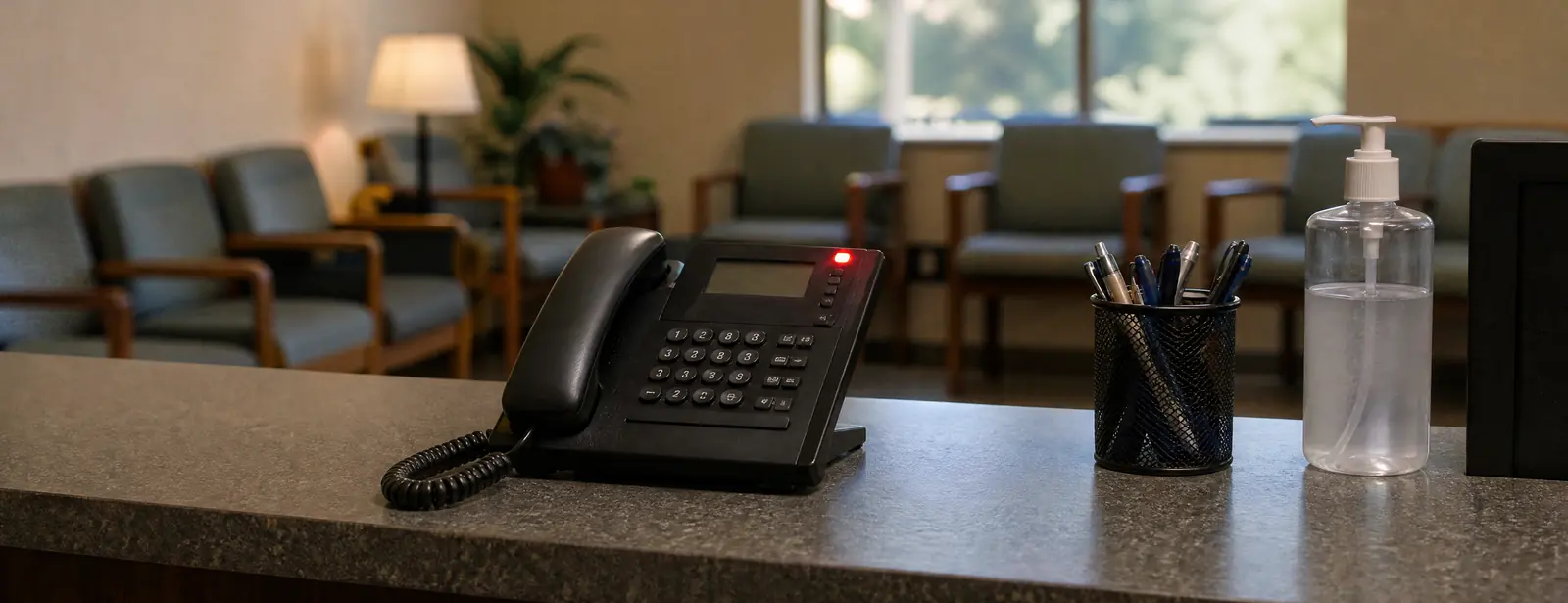 Primary care front desk in the morning: a desk phone with its line light on, a pen cup and hand sanitizer, the waiting room chairs empty behind.