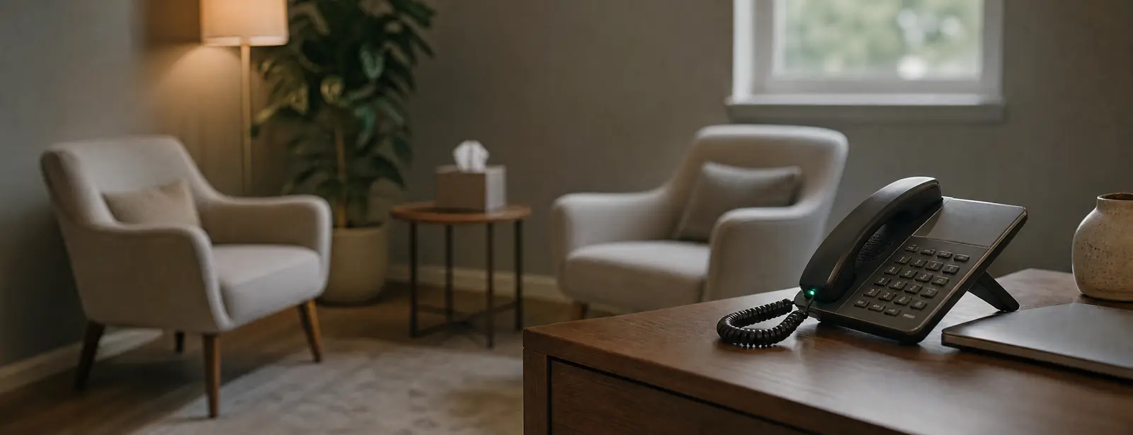 Quiet, empty therapy room in warm light: two armchairs, a floor lamp, a plant, a box of tissues and a desk phone with its line light on.