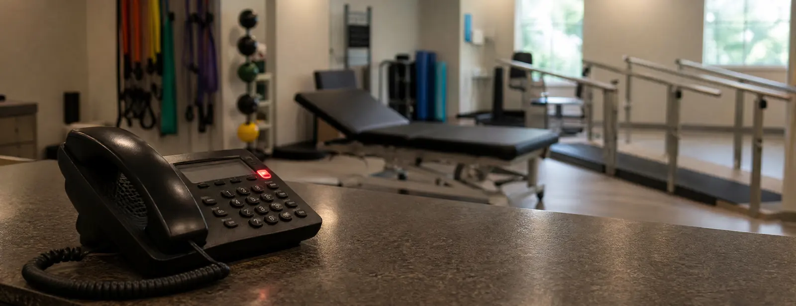 Physical therapy clinic early in the morning: a desk phone with its line light on at the front desk, an empty treatment table, bands and parallel bars behind.