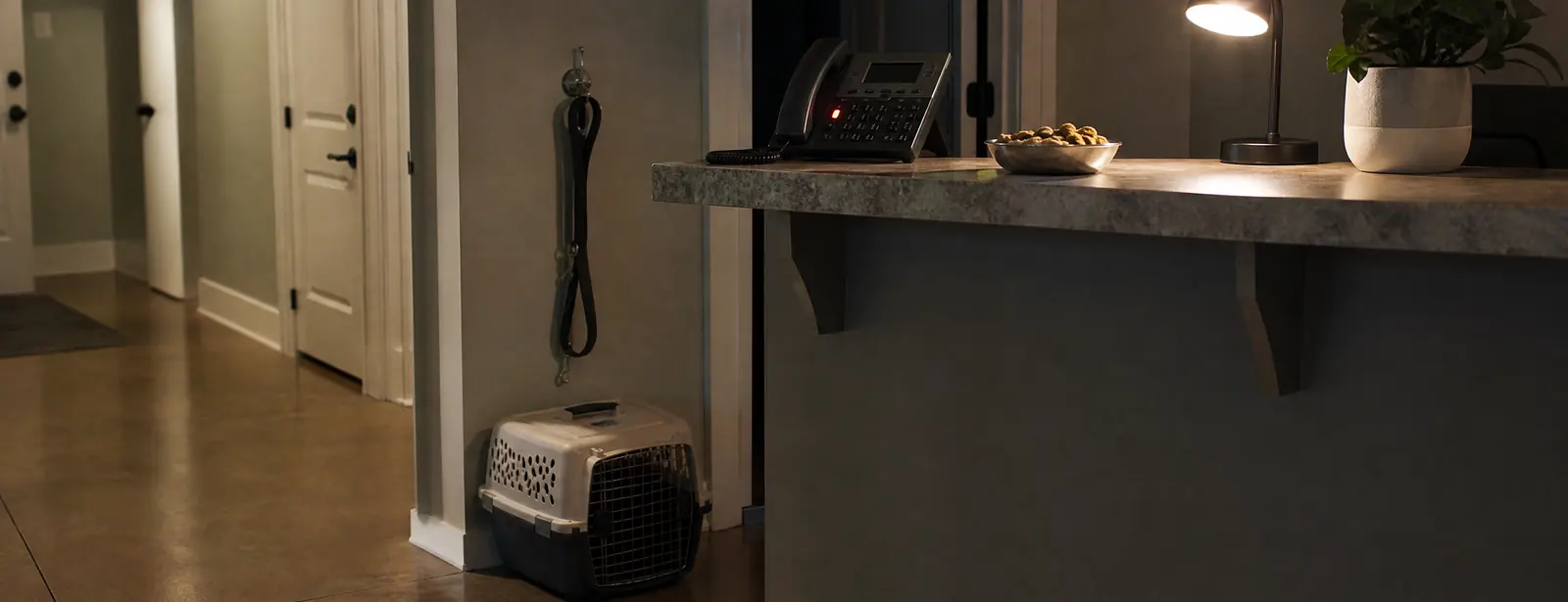 Animal hospital reception after closing: a desk phone with its line light on beside a bowl of dog treats, a leash on a wall hook and an empty pet carrier on the floor.