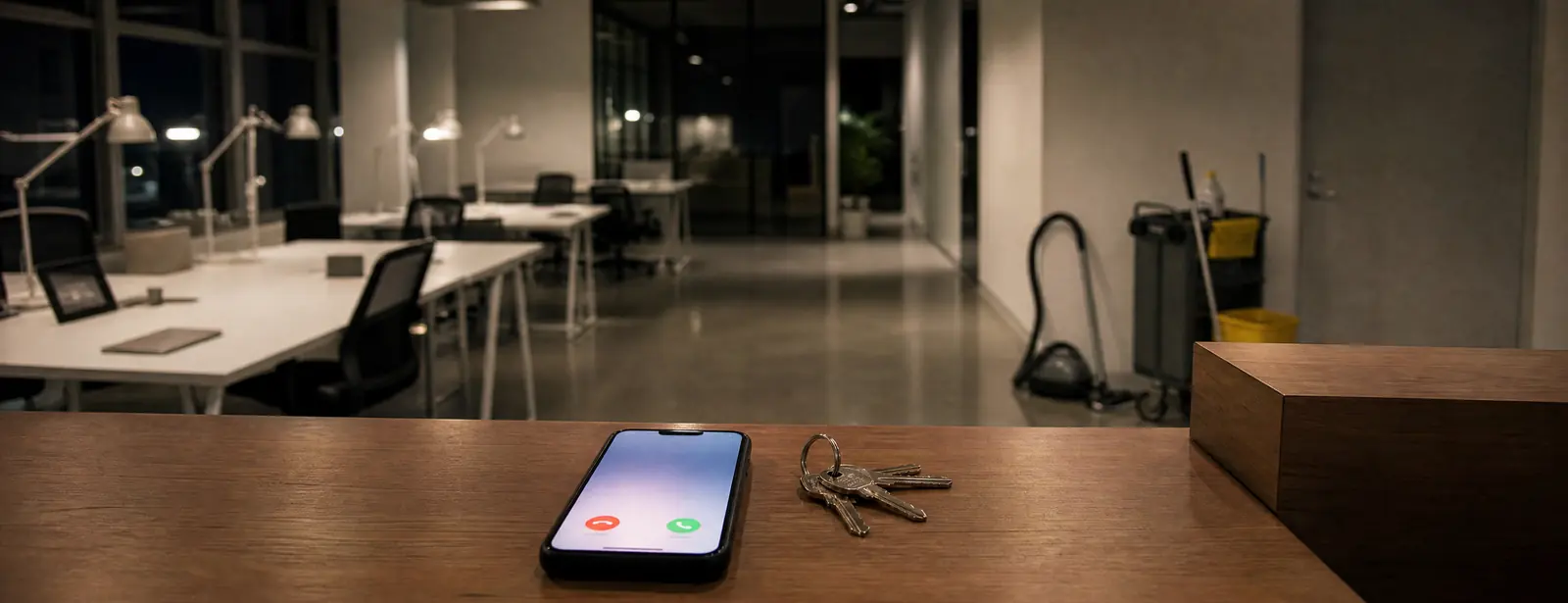 A phone ringing on the reception counter of an empty office after hours, next to a ring of keys, with a vacuum and a cleaning cart parked by the far wall.