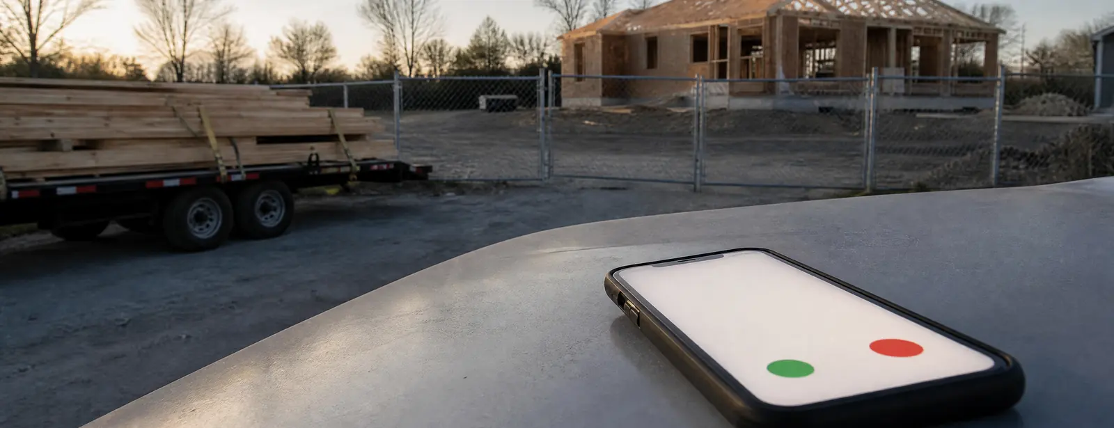 A phone ringing on the hood of a pickup at dawn, outside the locked chain-link gate of a framed house, with a trailer of lumber waiting by the fence.