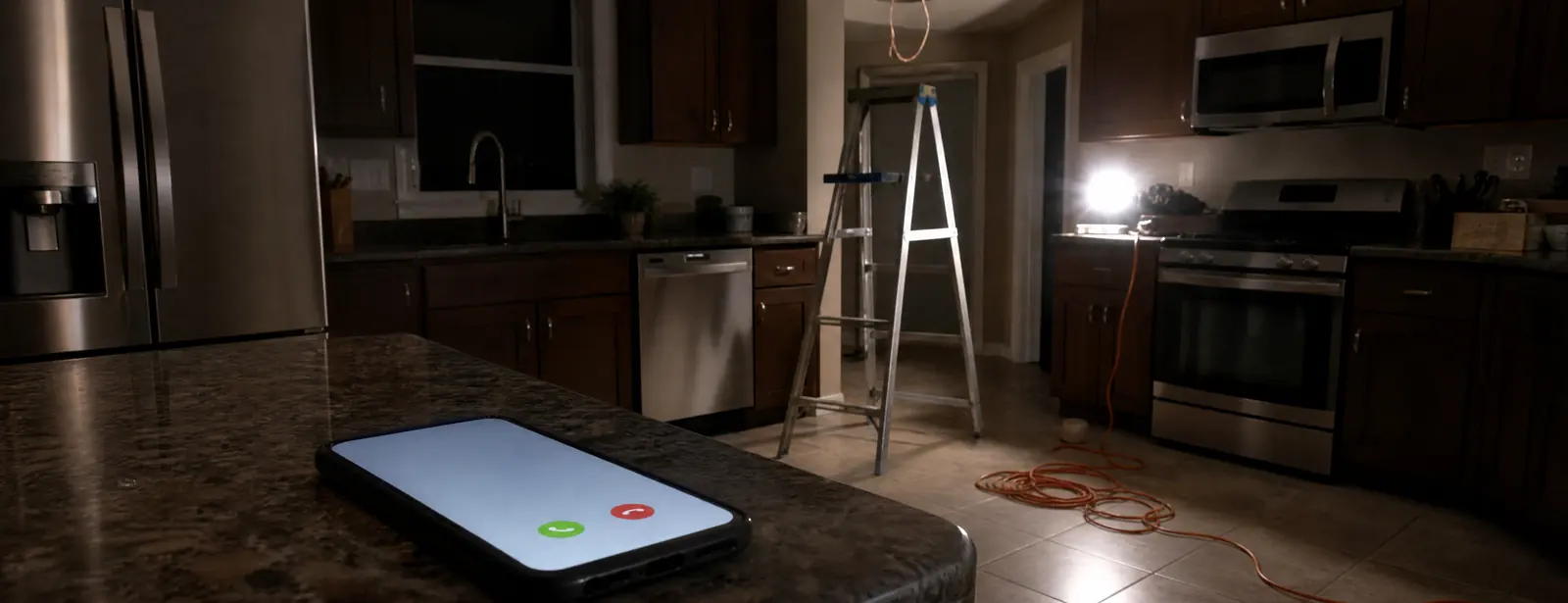 A dark kitchen during a power outage: a phone ringing on the counter, a ceiling light hanging open over a stepladder, a battery work light and an orange extension cord on the floor.
