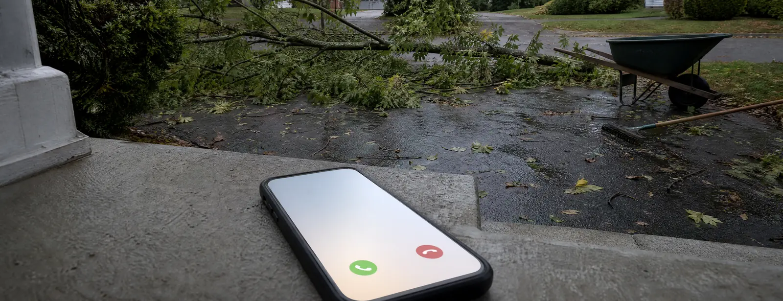 A phone ringing on wet porch steps, with a large maple limb lying across the driveway after a storm and a wheelbarrow and rake beside it.