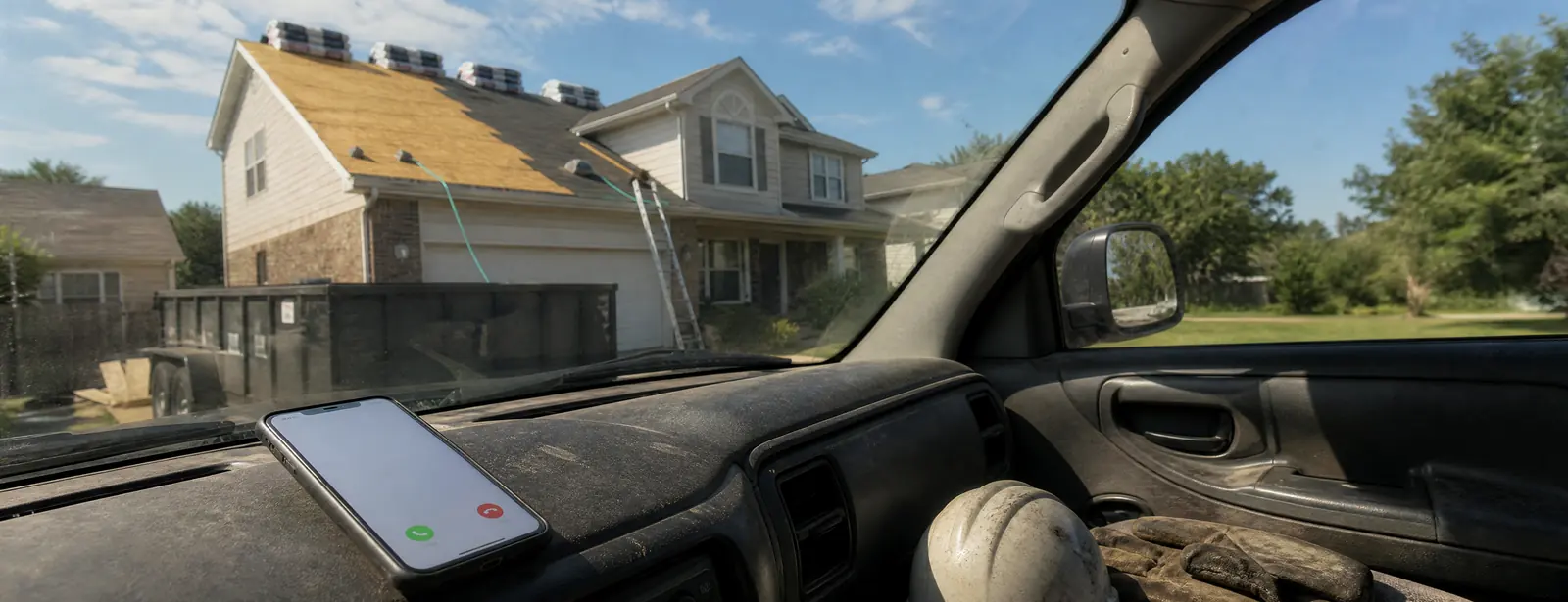 A phone ringing on the dashboard of a work truck, with a hard hat on the seat and a half-stripped roof on the house outside.