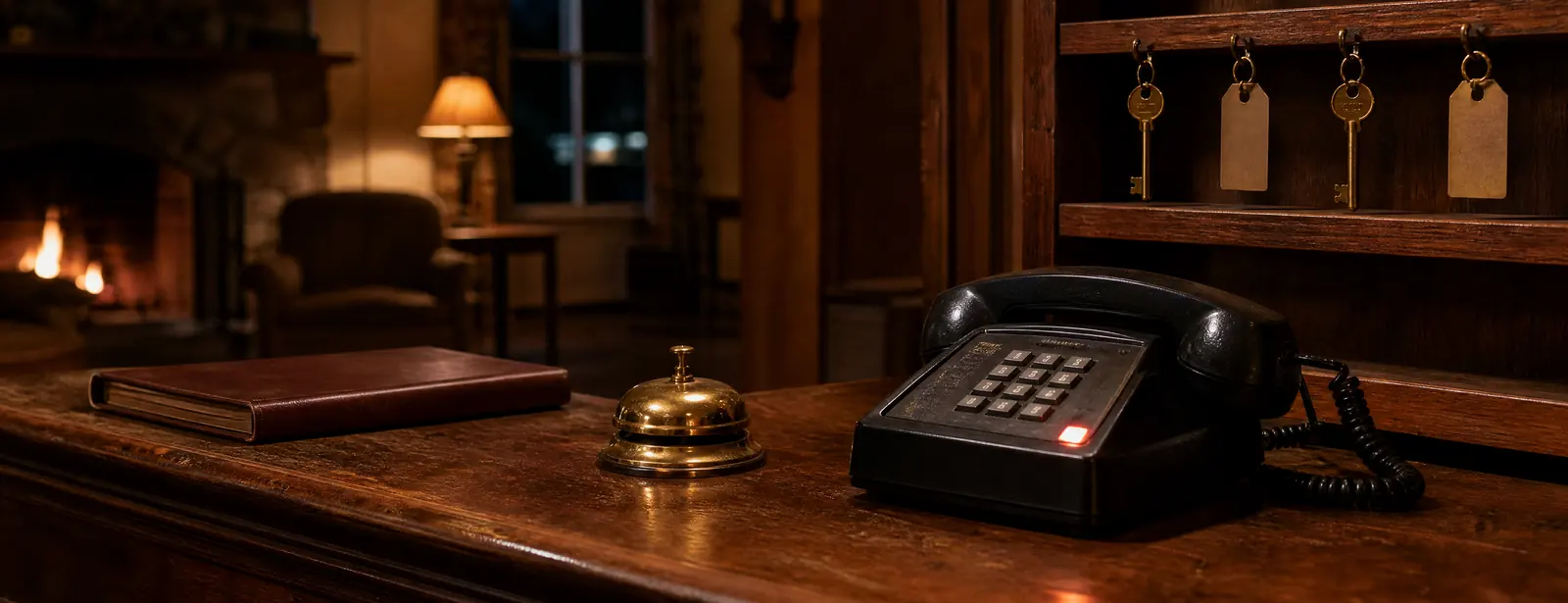 The front desk of a small inn late at night: a desk phone with its line light on, a brass bell and old keys on a rack, with an empty armchair by the fire.
