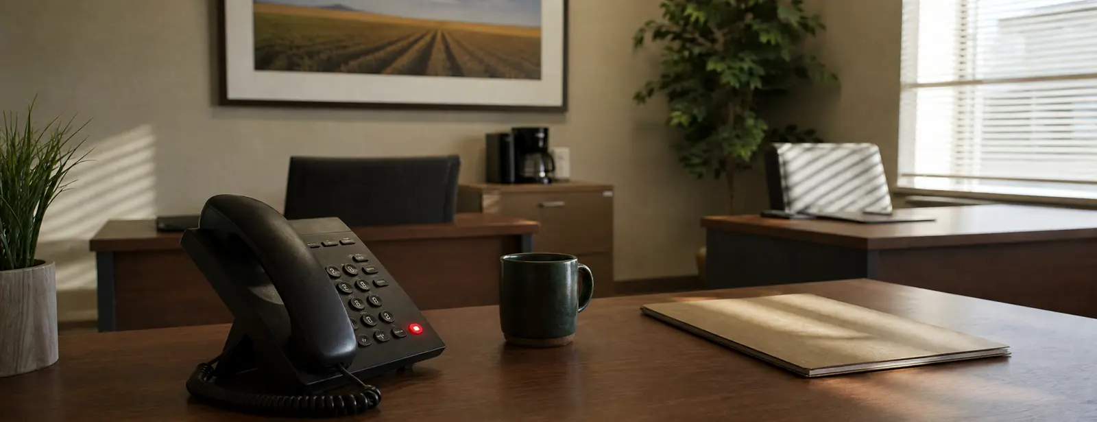 An independent insurance agency closed on a Saturday: empty desks in striped daylight and a desk phone with its red line light on in the foreground.