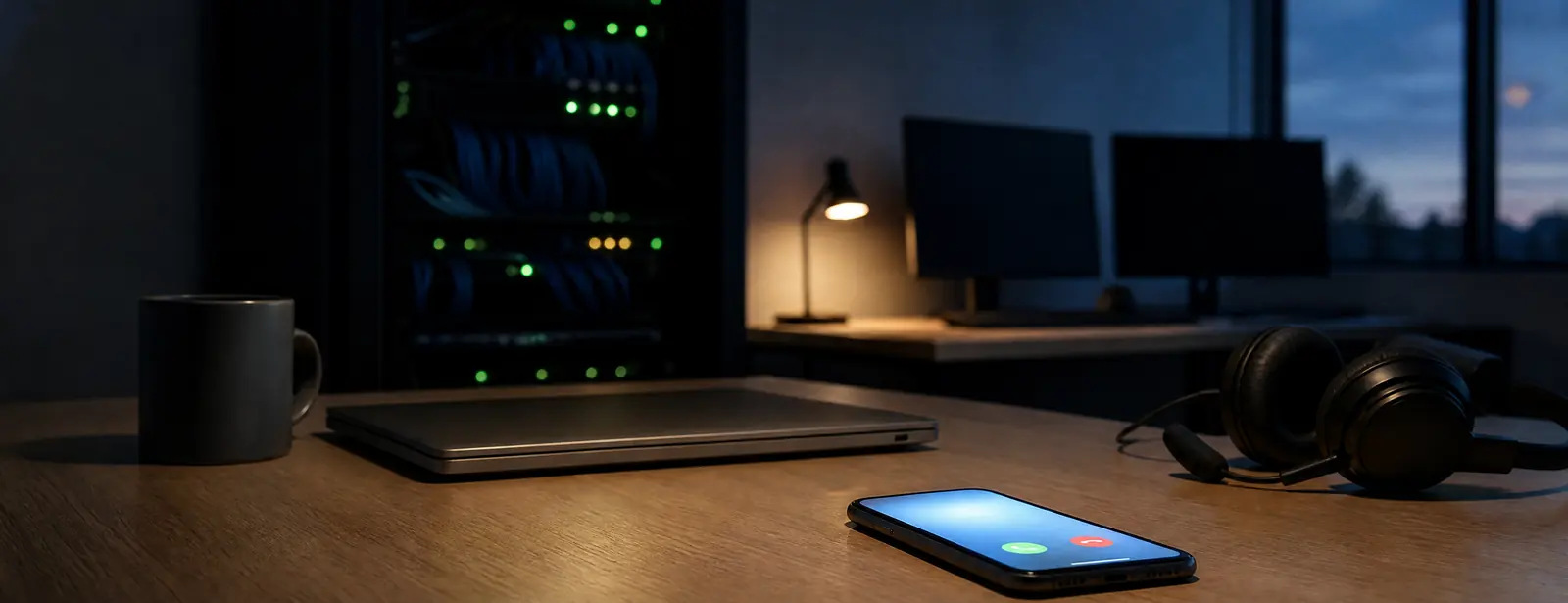 A smartphone ringing face up on a desk in a small IT office before dawn, a server rack blinking green behind it and two dark monitors by the window.