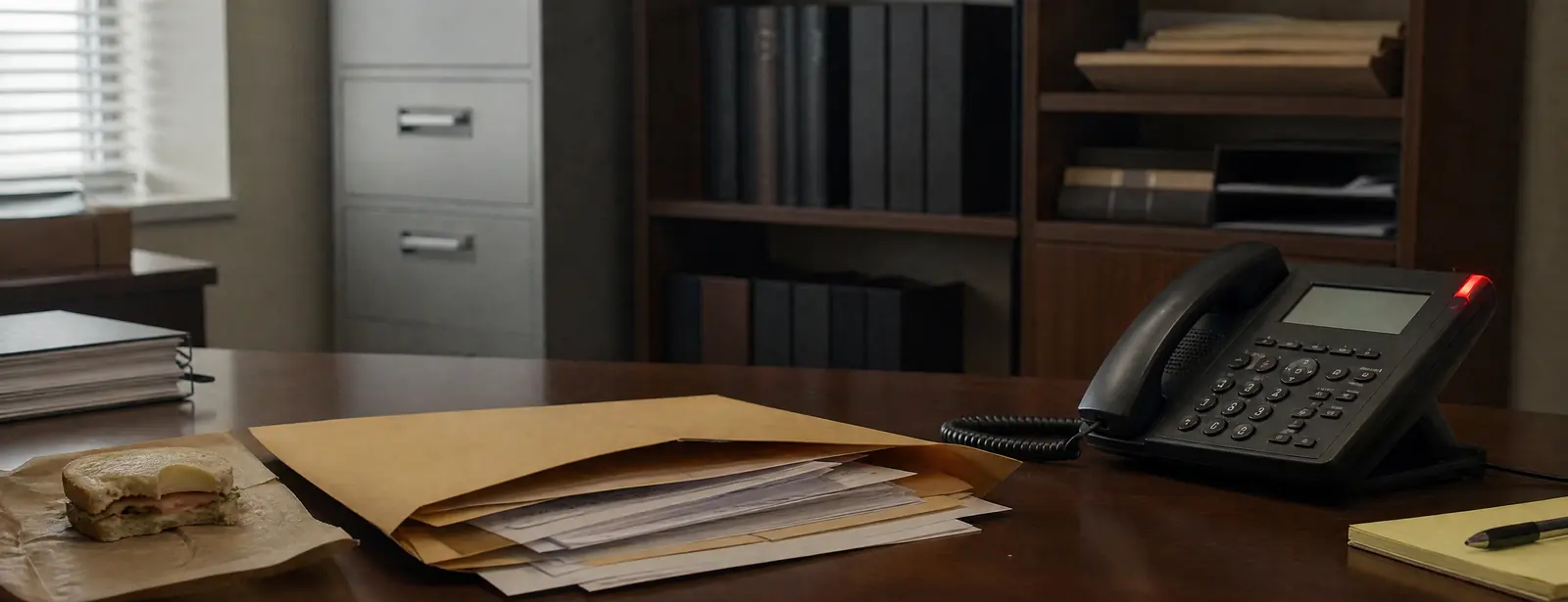 A small office at lunchtime with nobody at the desk: an opened envelope of legal papers, a half-eaten sandwich and a desk phone with its red line light on.
